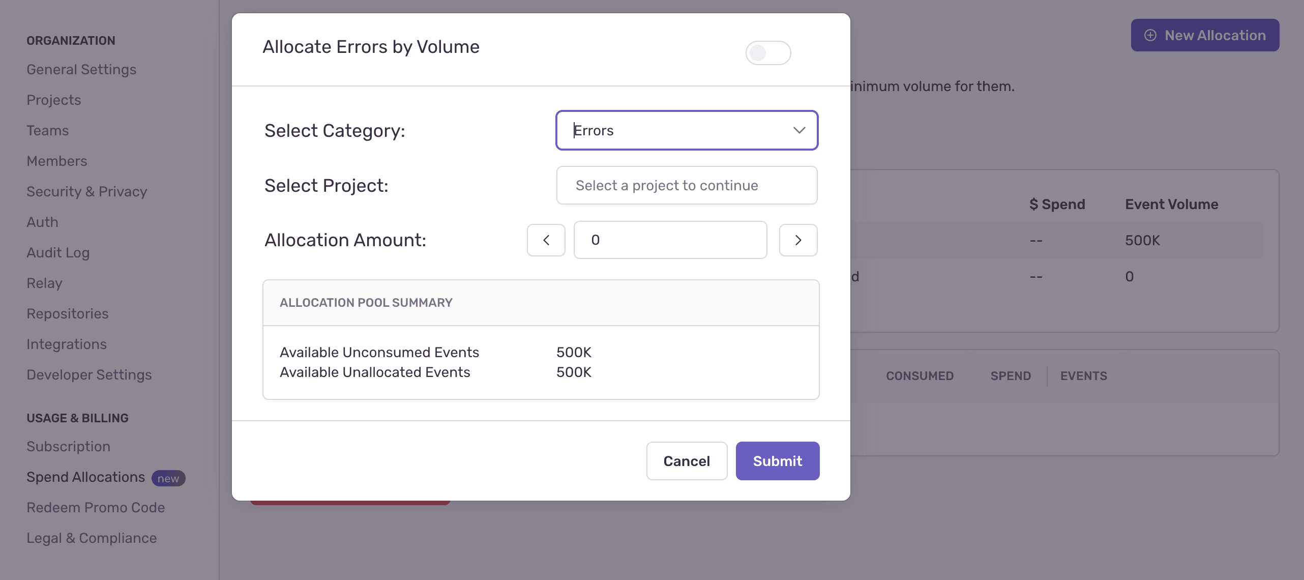 Create spend allocation modal